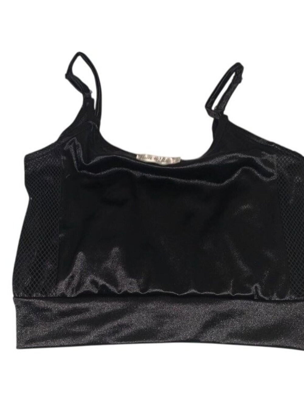Heart & Hips Black Shiny Cropped Tank Top With Mesh Panels & Adjustable Straps -